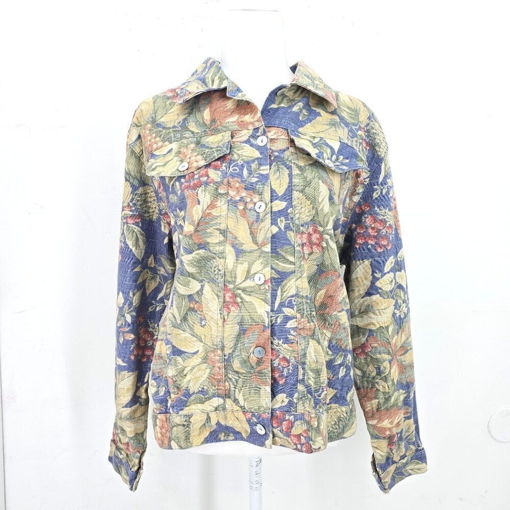 VTg 90s Norm Thompson Blue Green Floral Shacket Jacket Retro Women's Large